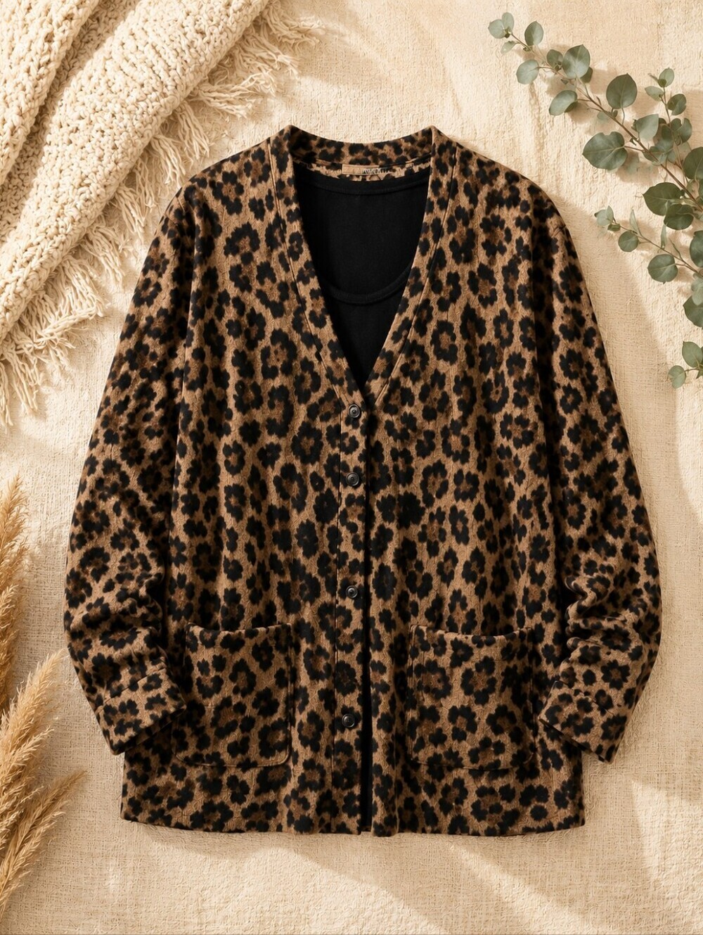 MYIFU Leopard Print Button Front Cardigan w/ Pockets Women’s Large PTP 22"